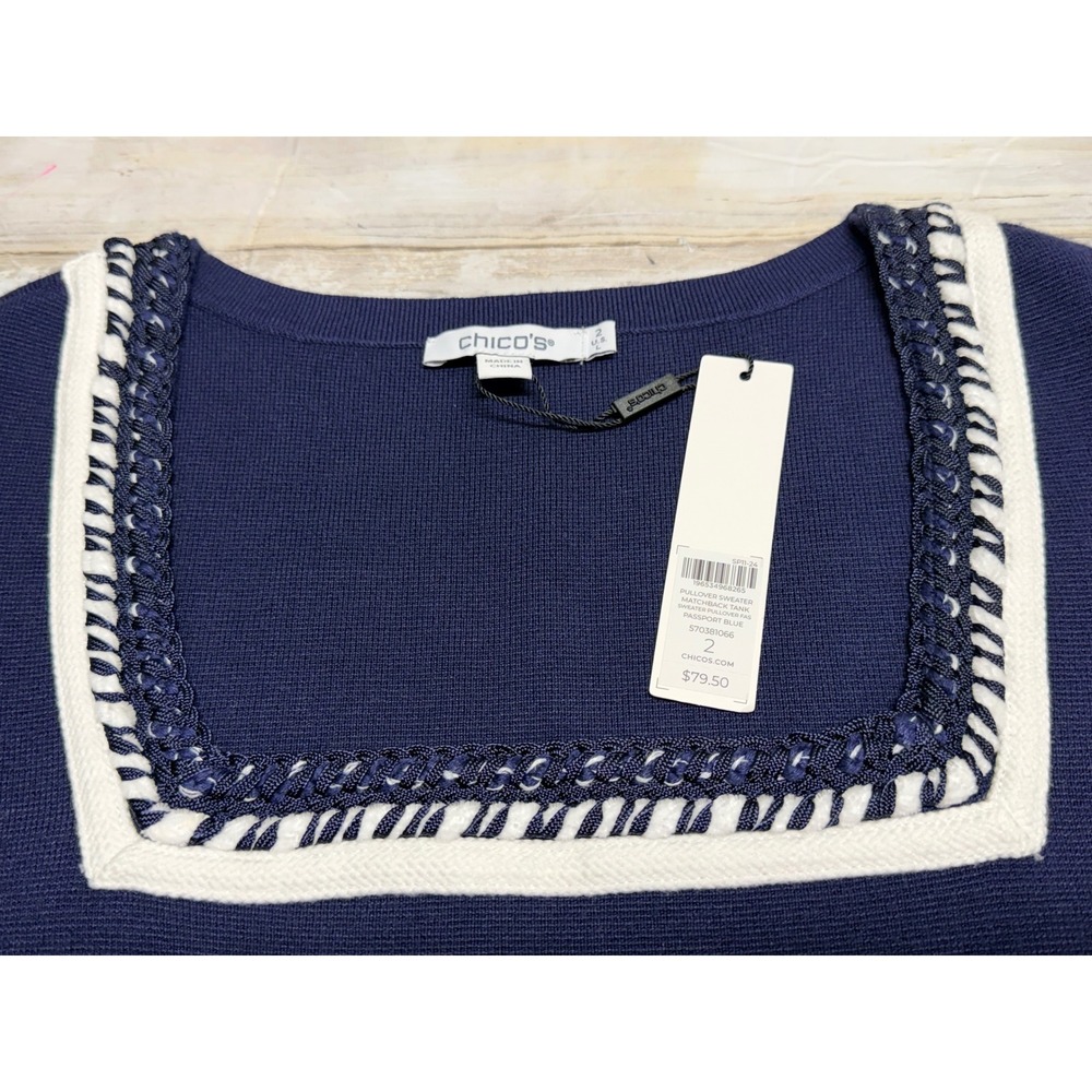 Chico's Matchback Tank Sweater Navy Blue Square Neck Braided Trim Size 2(U.S 12)